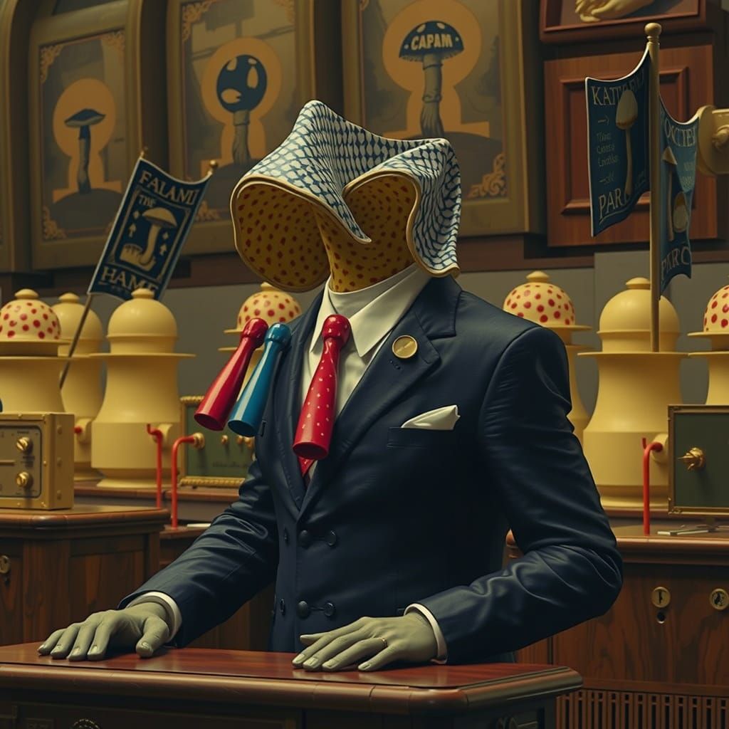 Hyperreal Mushroom Landscape in Futuristic Modernist Setting