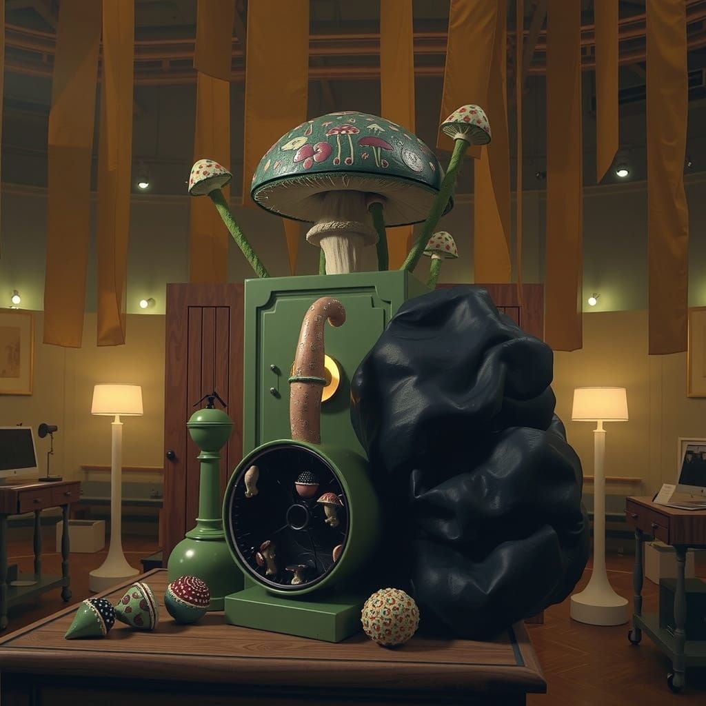 Surrealistic Sculpture of Giant Mushroom Flags in a Brutalis...