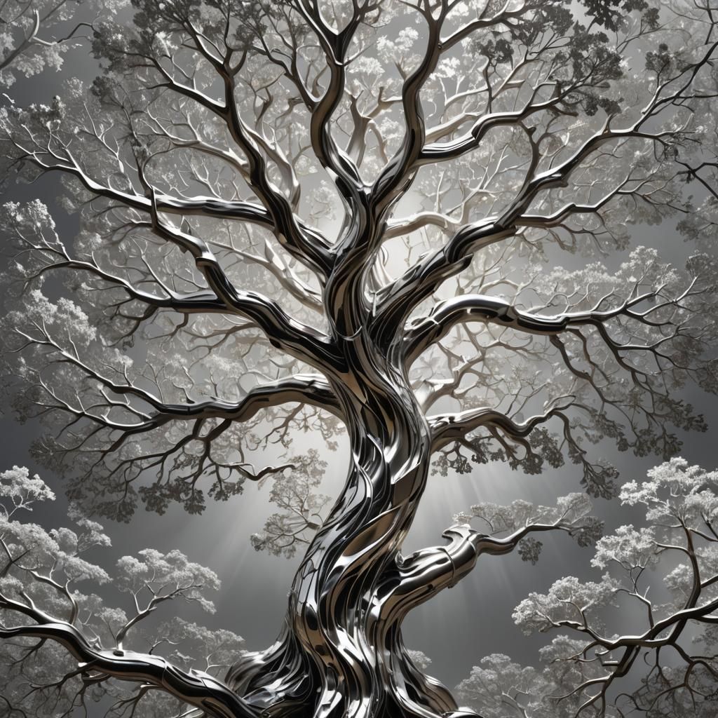 Metallic Oak Tree with Aluminum Layers and Leaf Patterns