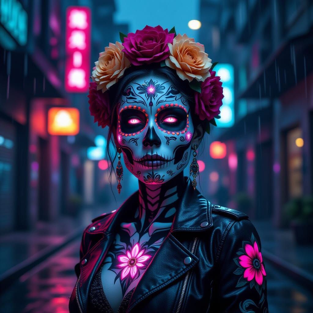 El Dia de Muertos Cyberpunk Woman in Neon City