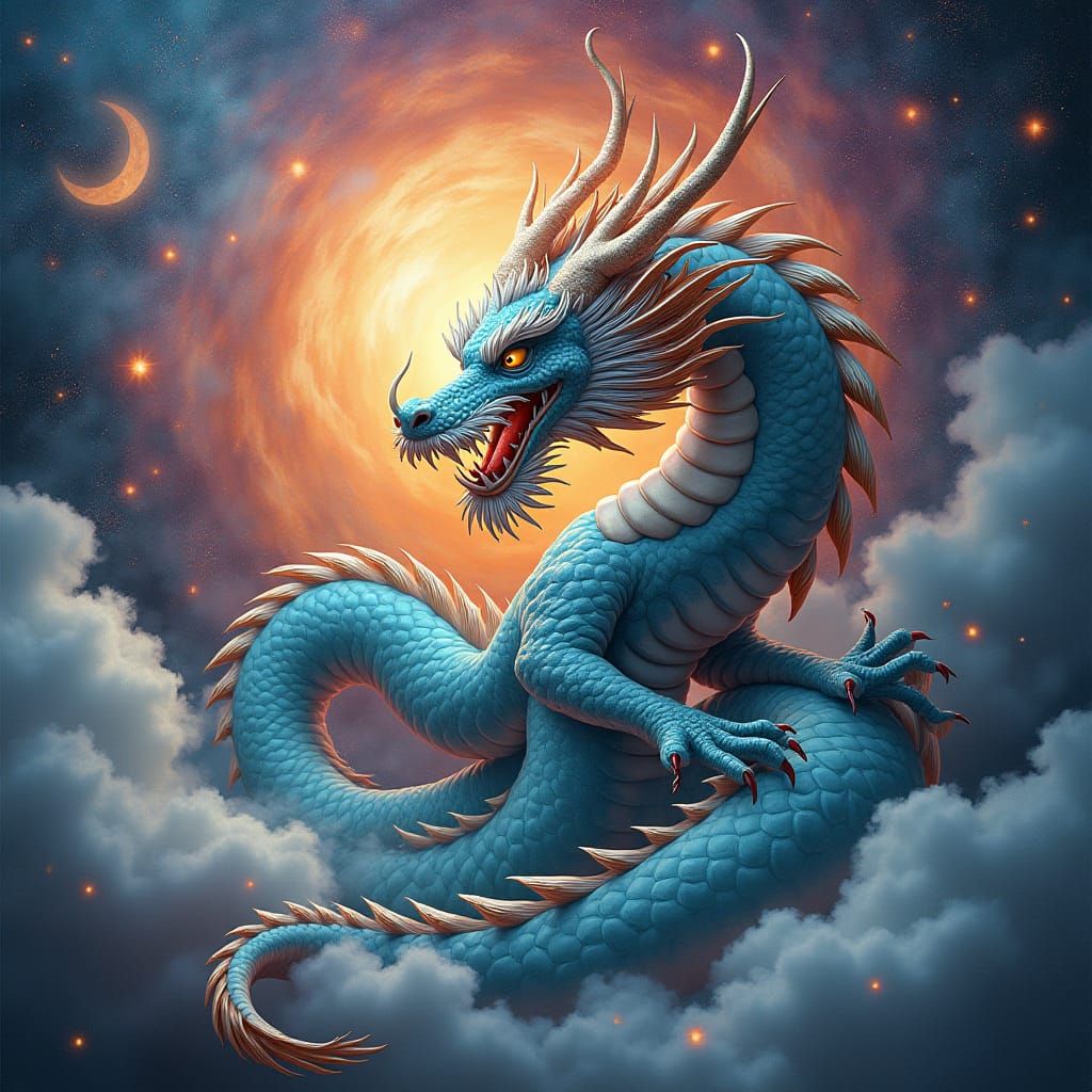 Japanese Dragon in Astral Clouds: Holographic Art