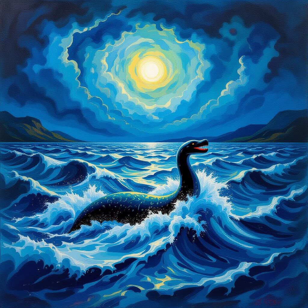Surreal Loch Ness Monster in Stormy Lake