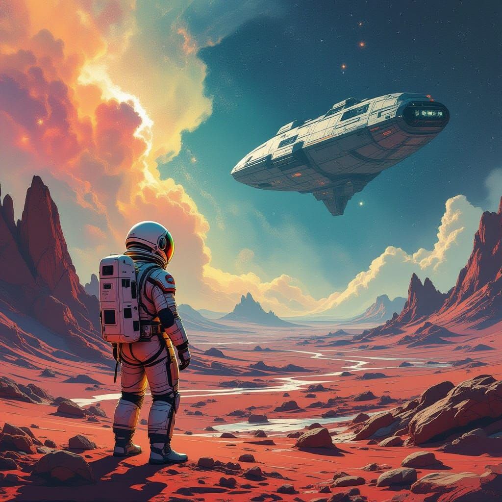 Astronaut on Alien Planet with Cosmic Nebula