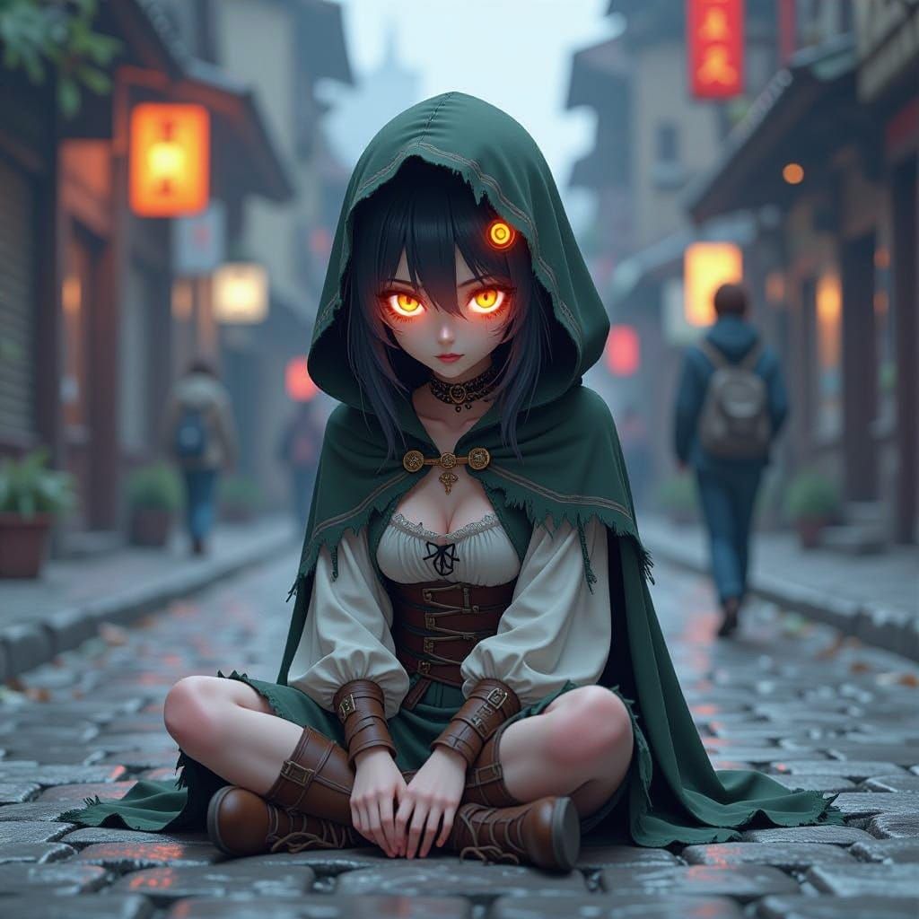 Mysterious Anime Woman with Glowing Orange Eyes in a Futuris...