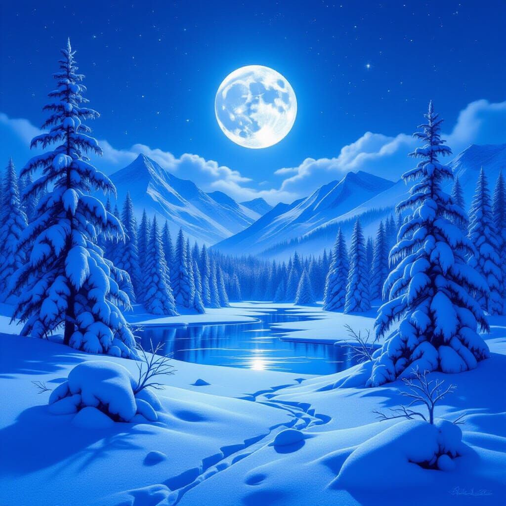 Moonlit Winter Forest with Diamond-Like Ice