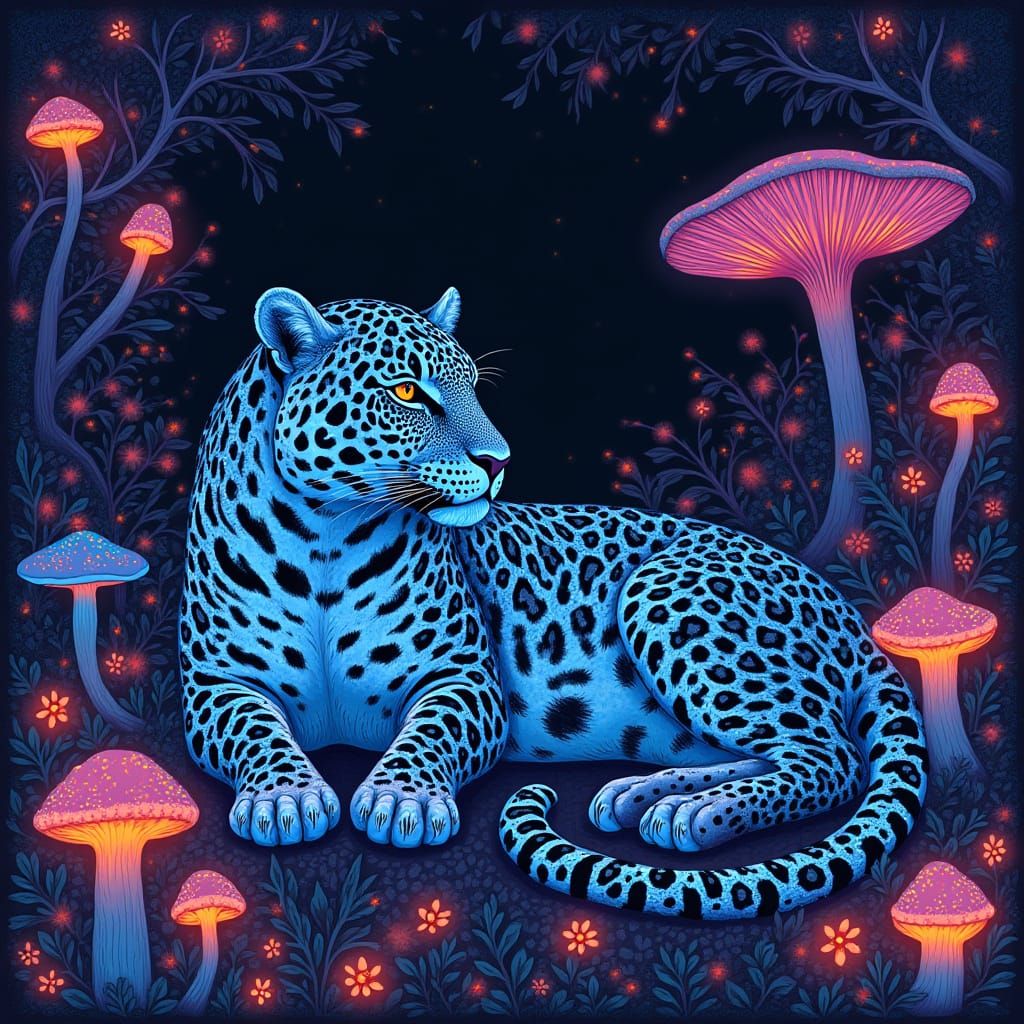 Glowing Paisley Jaguar in a Dreamlike Jungle Scene
