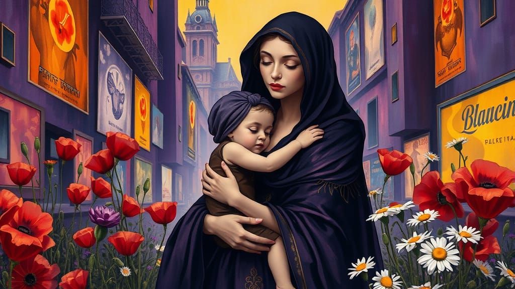 Mother and Child in a Vibrant City, Surrounded by Blooming F...