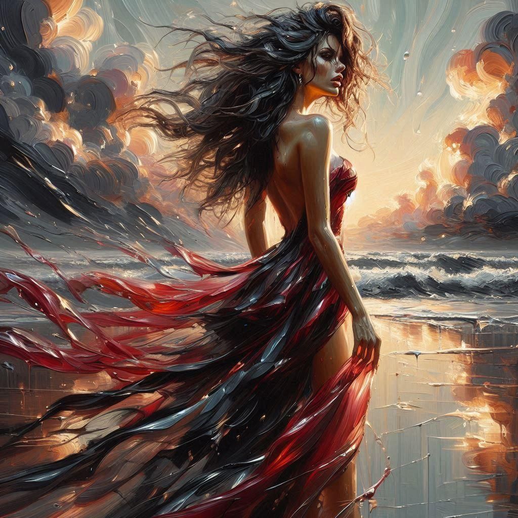 Vibrant Red Dress as Oil Painting