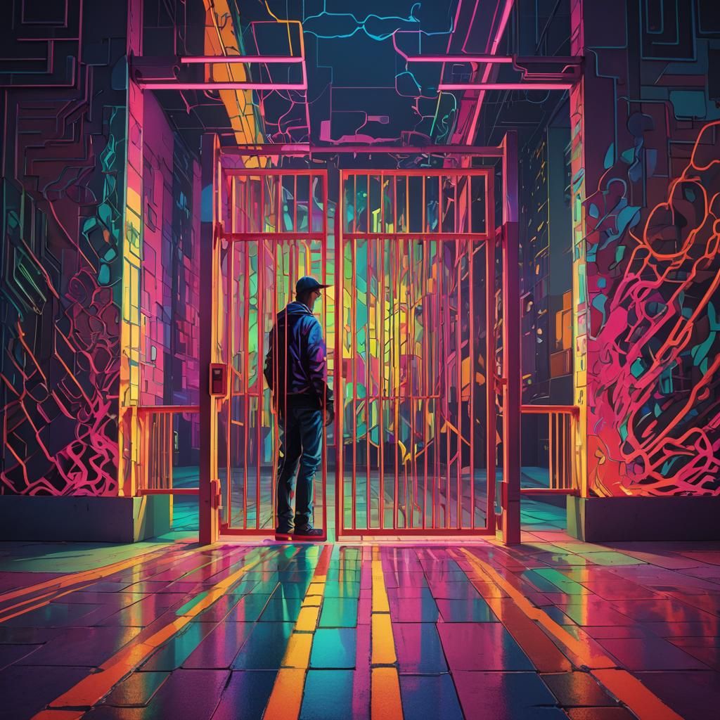 Solitary Figure Behind Neon Gate in Pop Art