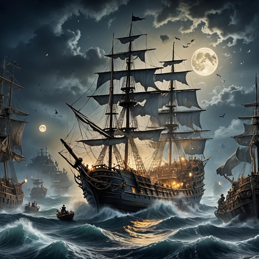 Pirate Ship Sinking in Misty Moonlight, Matte Painting