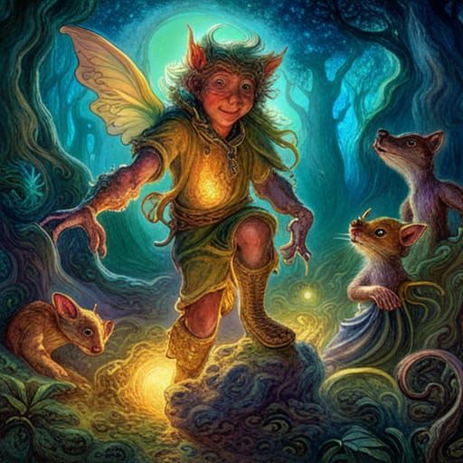 Kobold and Elves in Magical Forest: Fantasy Art