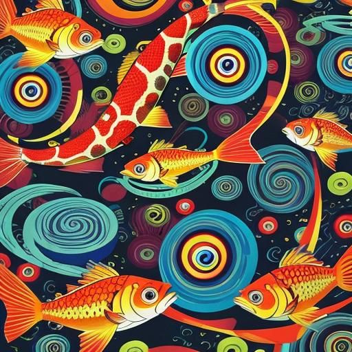 Vibrant Spiraling Fish Art in Junji Ito Style