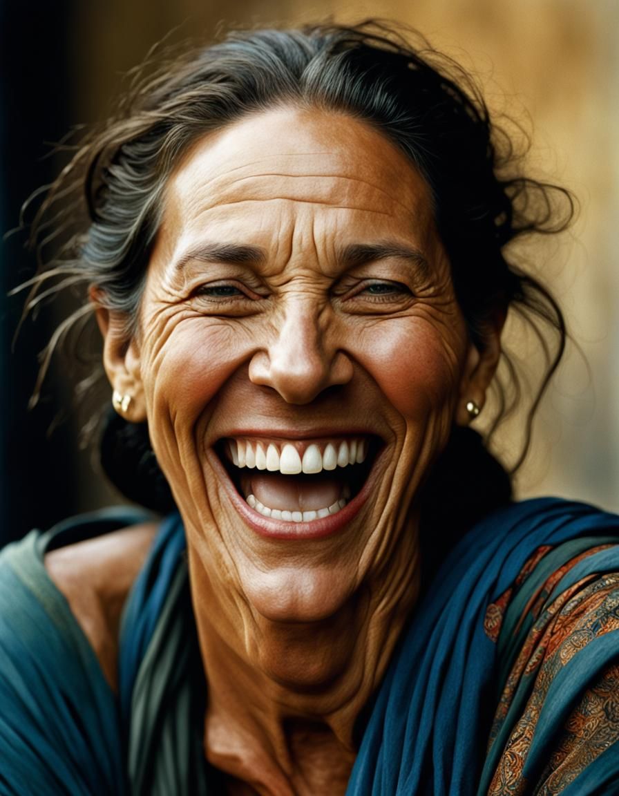 16k resolution, art by Annie Leibovitz, Steve McCurry, captivating portrait of a person laughing, subtle smile to full l...