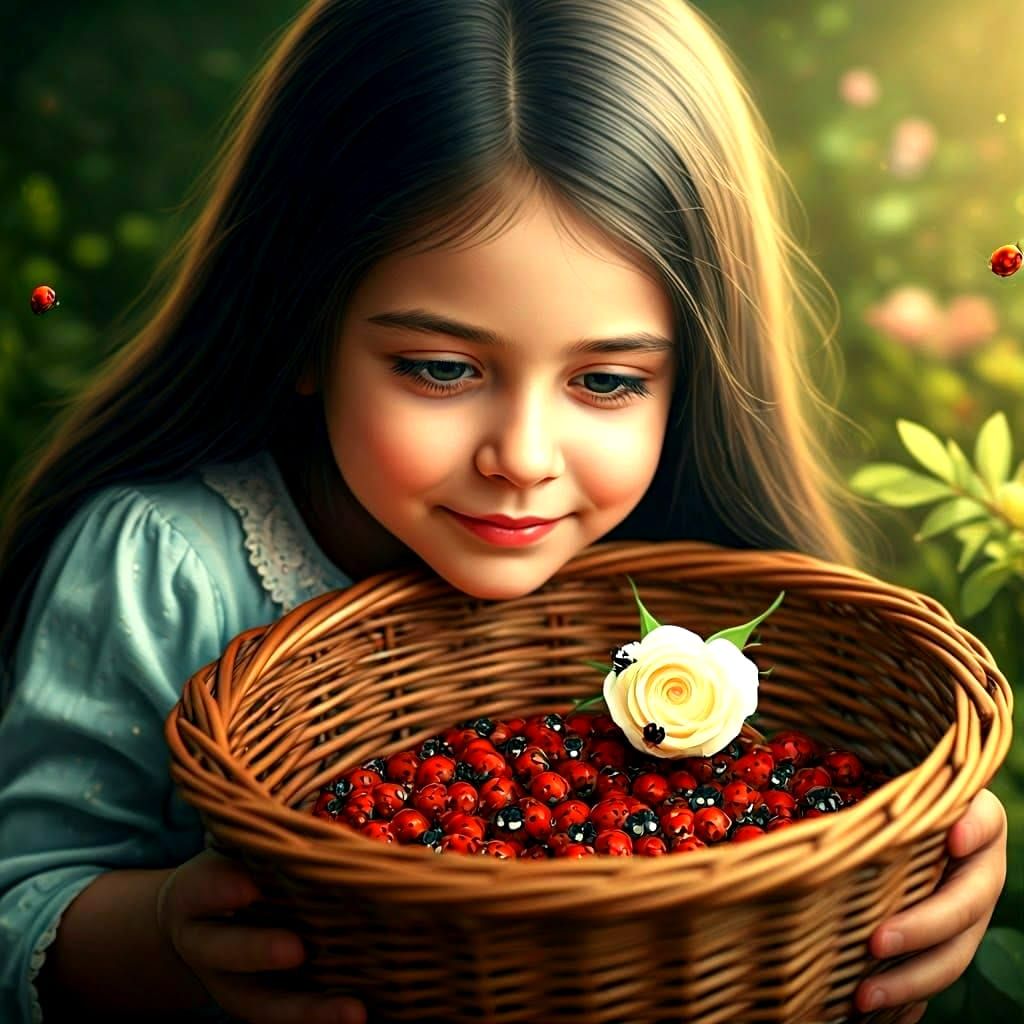Ladybugs in a Whimsical Floral Basket, Realistic Digital Art