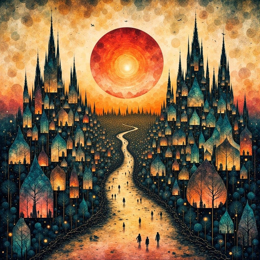 Retrofuturistic Mosaic Cityscape in Art Nouveau Style