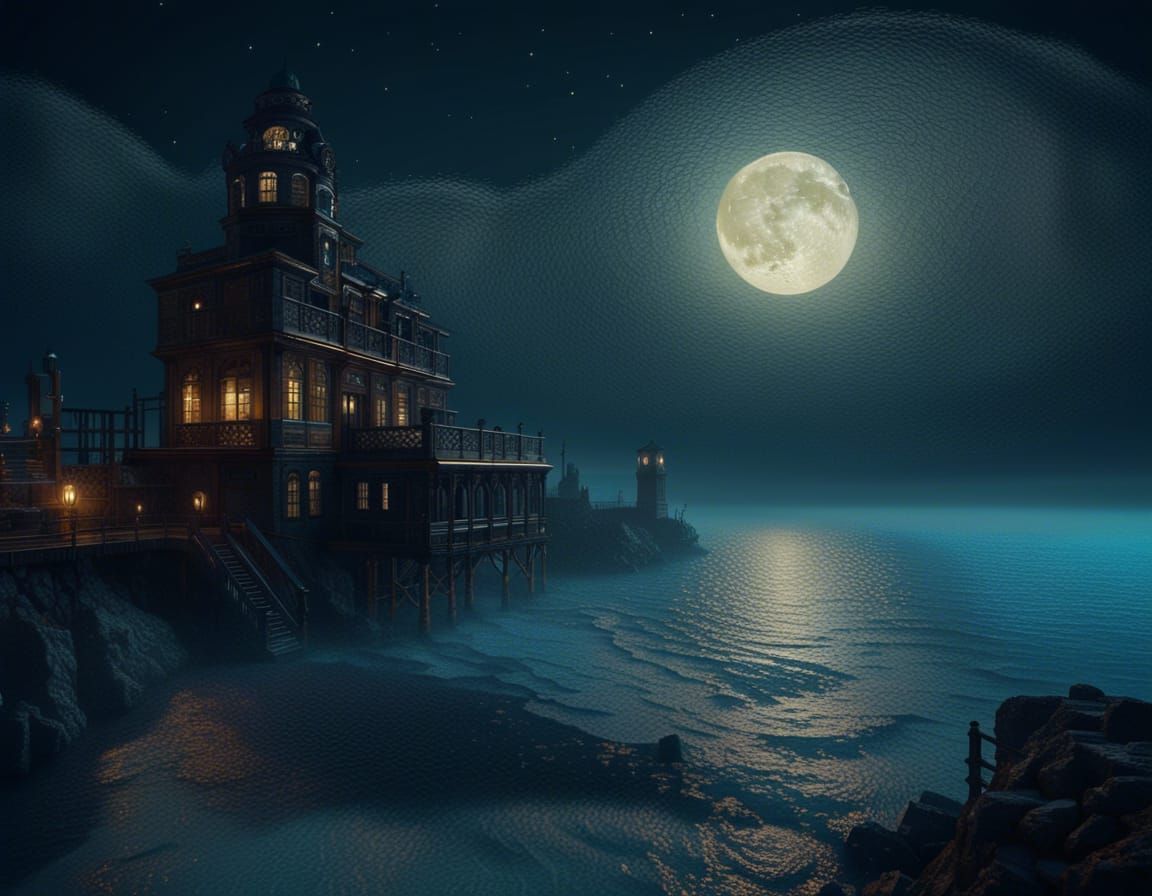 Moonlit Steampunk Seascape in Klimt-Inspired Impasto Style