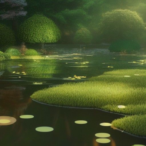 Serene Pond Scene in Anime Art Style