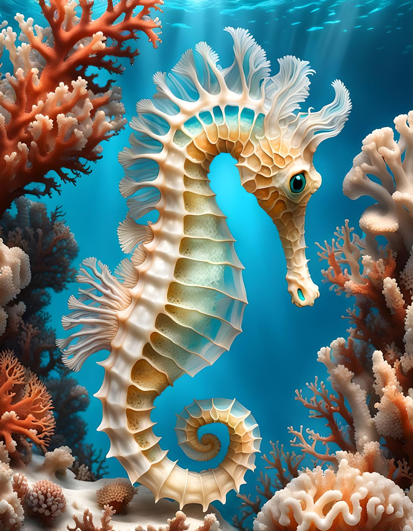 Detailed Translucent Seahorse in Aquamarine Water
