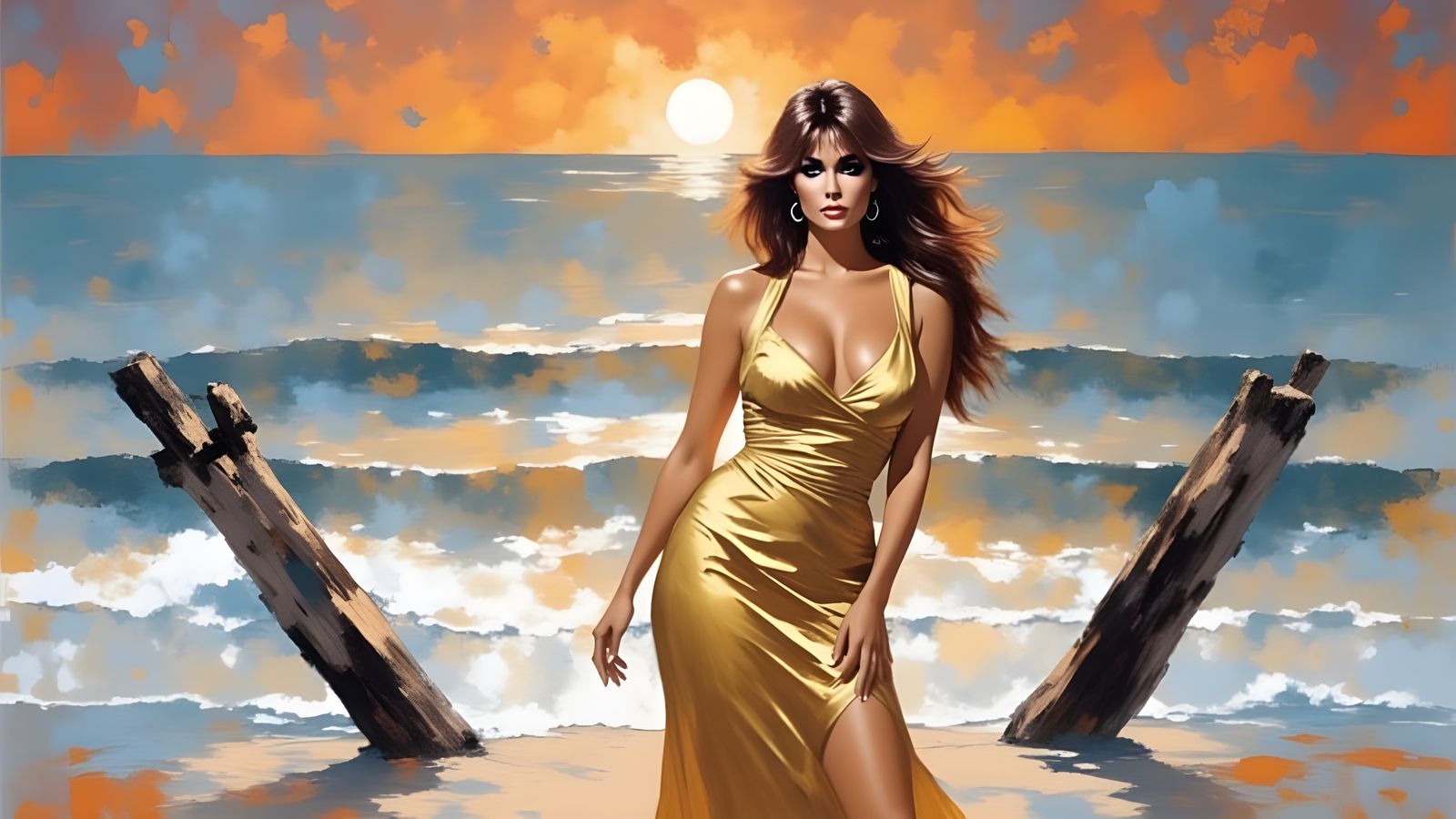 Raquel Welch on Beach: Abstract Expressionist Impasto Painti...