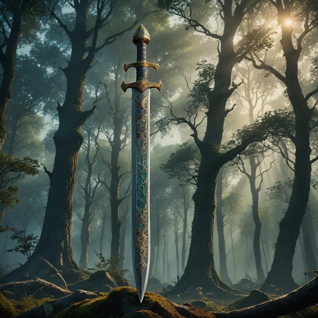 Epic Chechen Sword in Dramatic Forest Setting, Cinematic Dig...