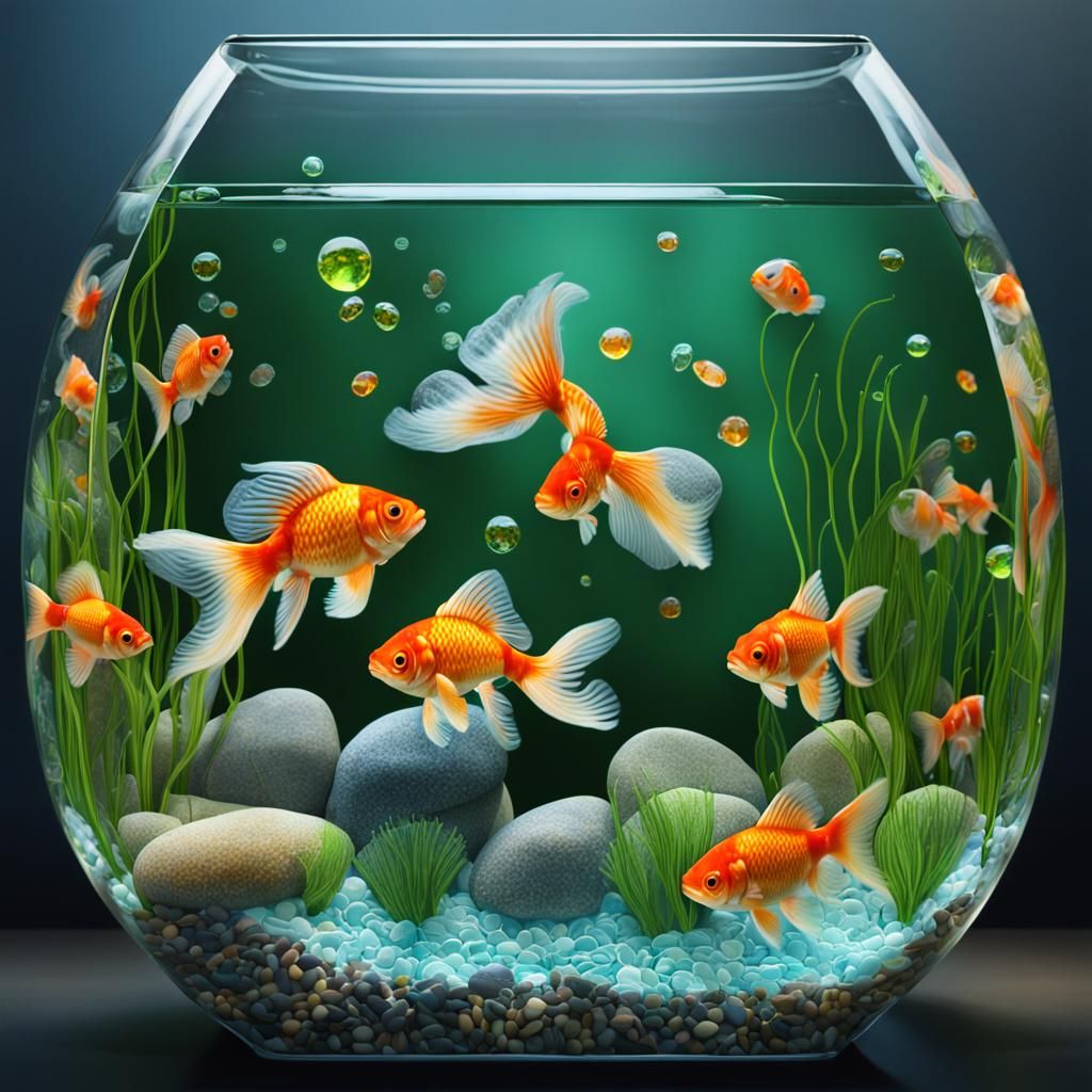 A big rectangular fish bowl with cute goldfish, algae and little rocks in the bottom.Bubbles. Stained glass. Colourful. ...