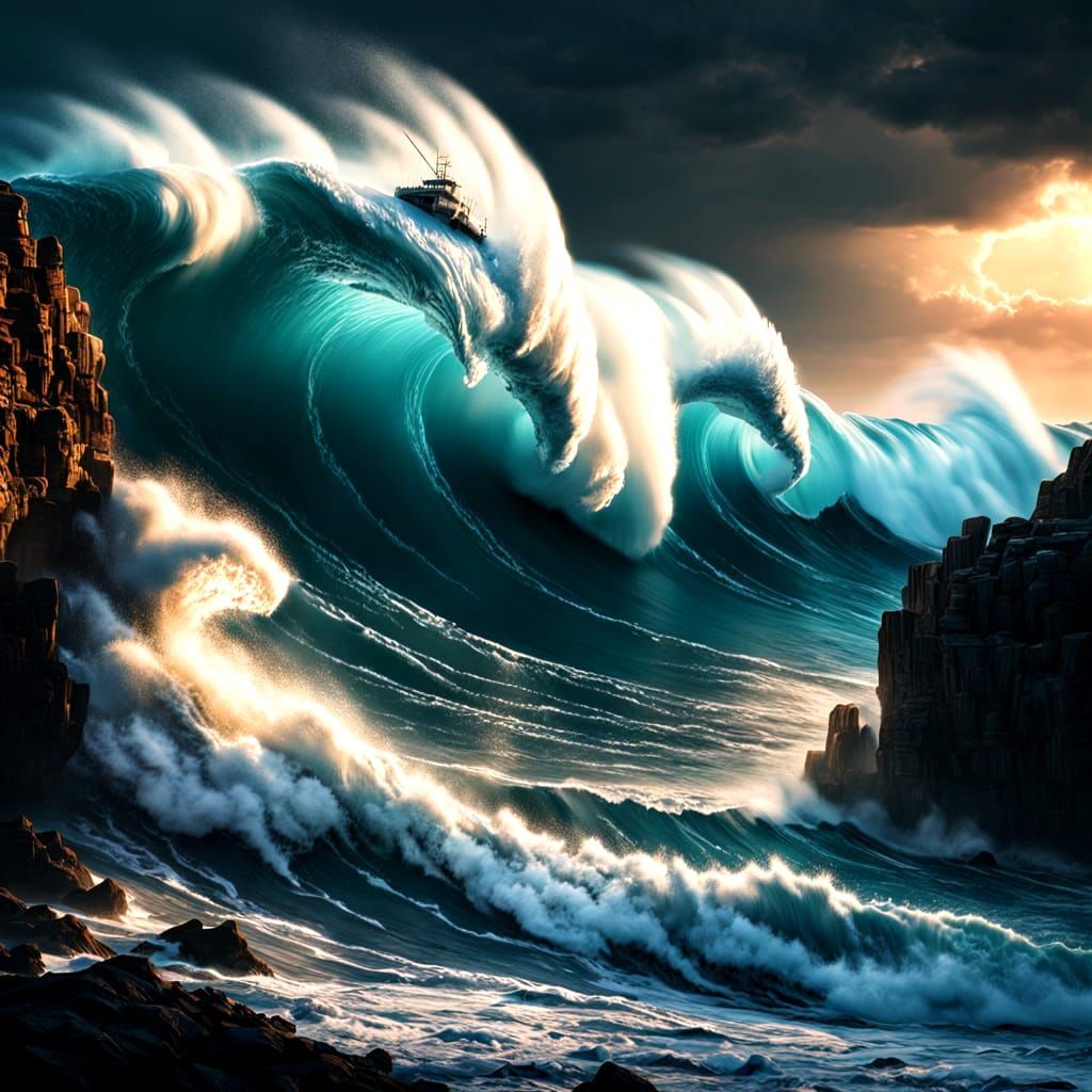 A Sole Fishing Vessel Riding the Crest of a Large Swell Duri...