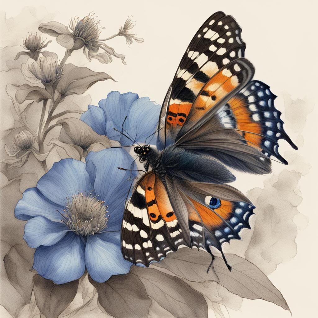 Dark Butterfly on Wilting Flower: 3D Anime Art