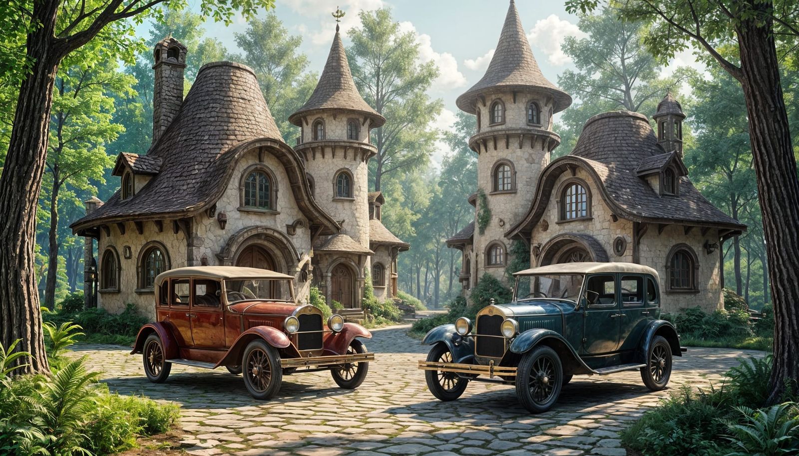 Antique Cars Before Whimsical Elven Cottages