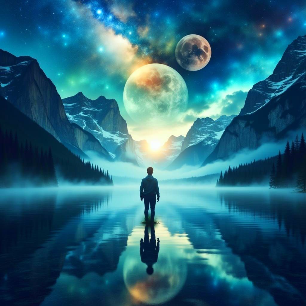 Man Gazes at Surreal, Reflective Lake Under Starry Sky