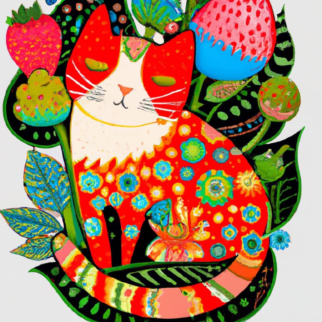 Whimsical Strawberry Cat in Vibrant Surrealist Style