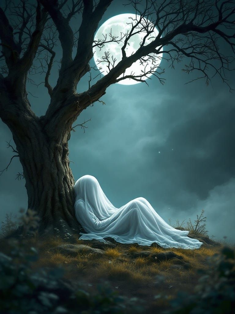Ghost Under Moonlit Tree in Dreamy Digital Artwork