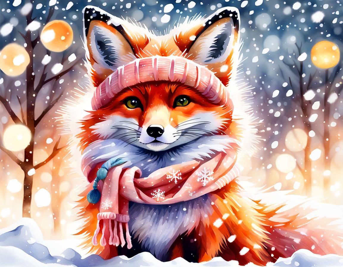 Fox in Winter Scarf: Whimsical Watercolor Art