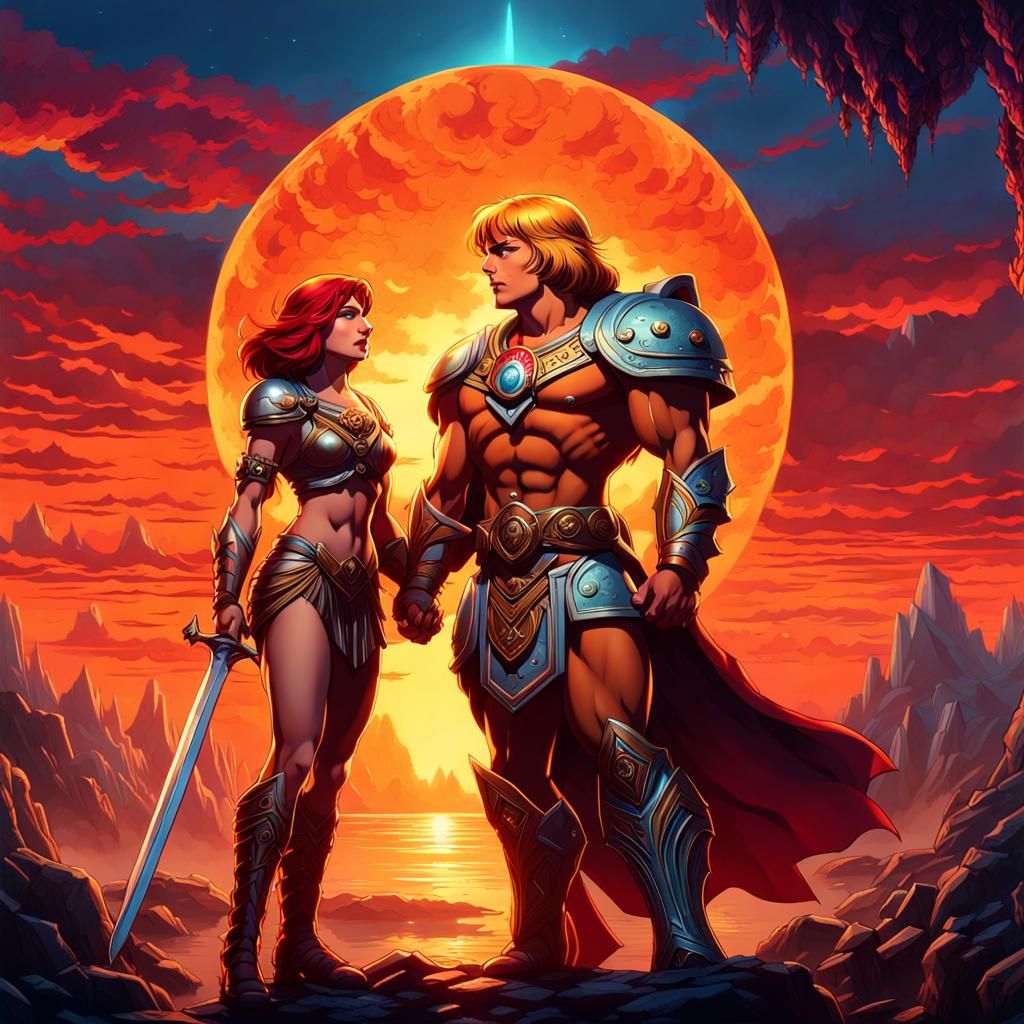 He-Man and Teela: Art Deco Gothic Sunset