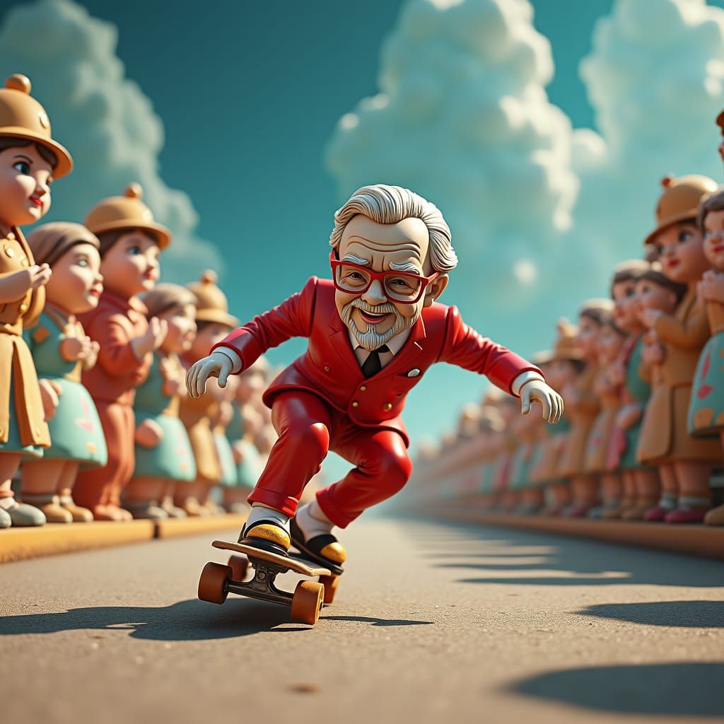 Colonel Sanders Skateboarding in a Whimsical Fantasy
