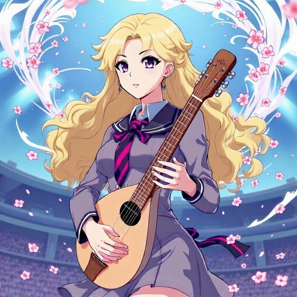 Anime Sorceress with Blonde Hair and Sakura Blossoms