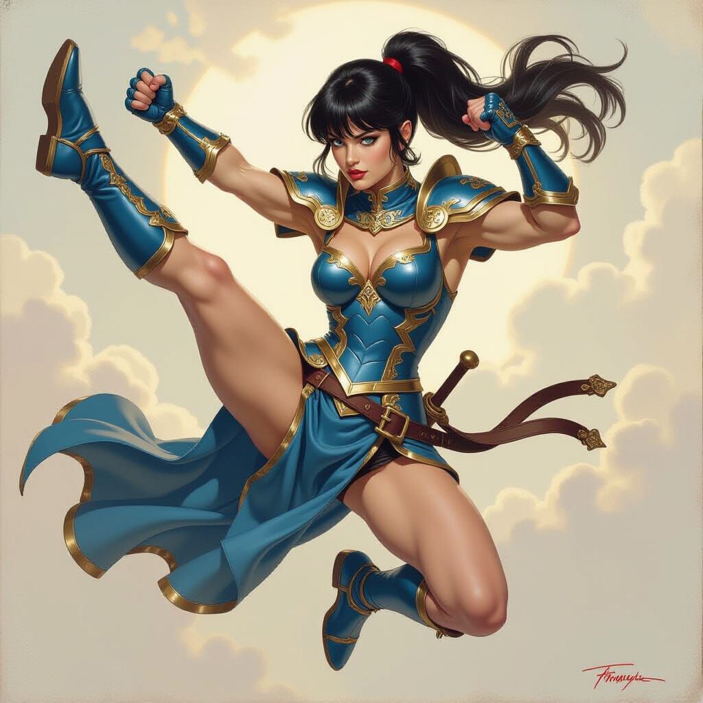 Female Knight Mid-Air Kick in Oil Painting Style