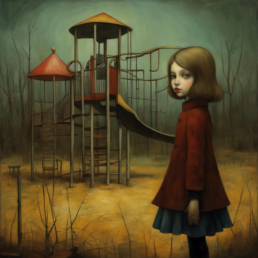 Eerie Girl in Abandoned Playground Painting