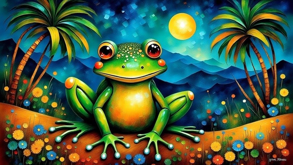 Whimsical Embroidered Frog in Folk-Art Landscape