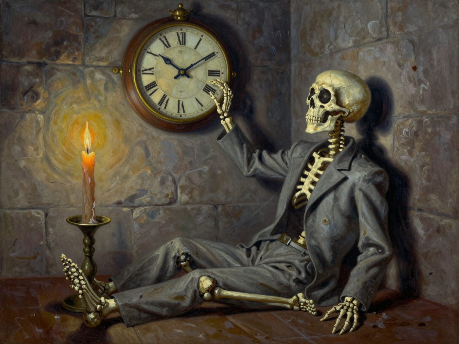 Skeleton Adjusting Steampunk Clock in Candlelit Room