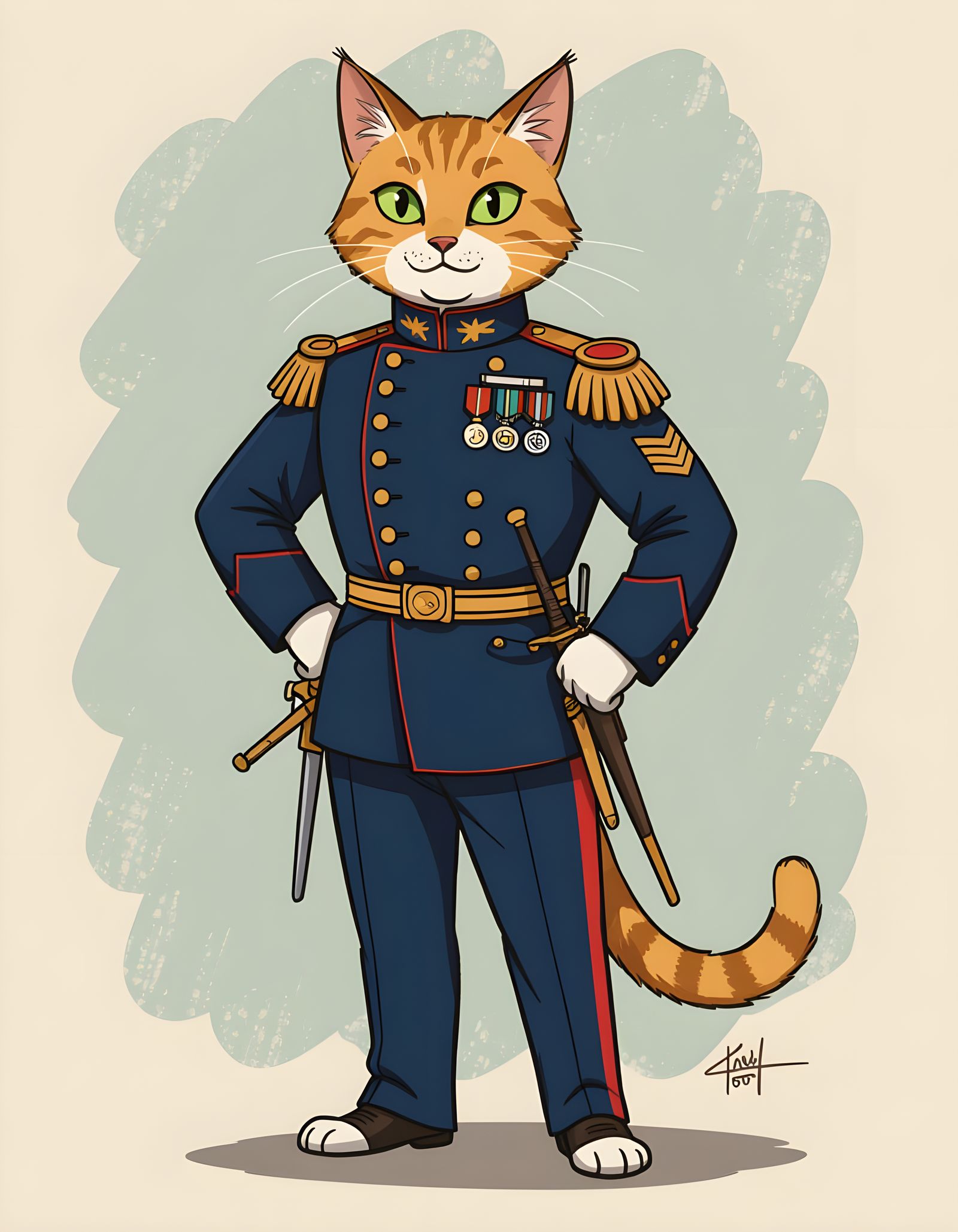 Anthropomorphic Cat General in Military Uniform