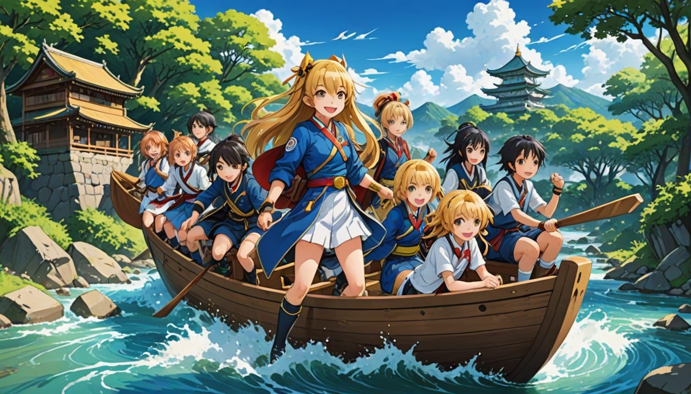 Anime River Scene with Playing Card Elements