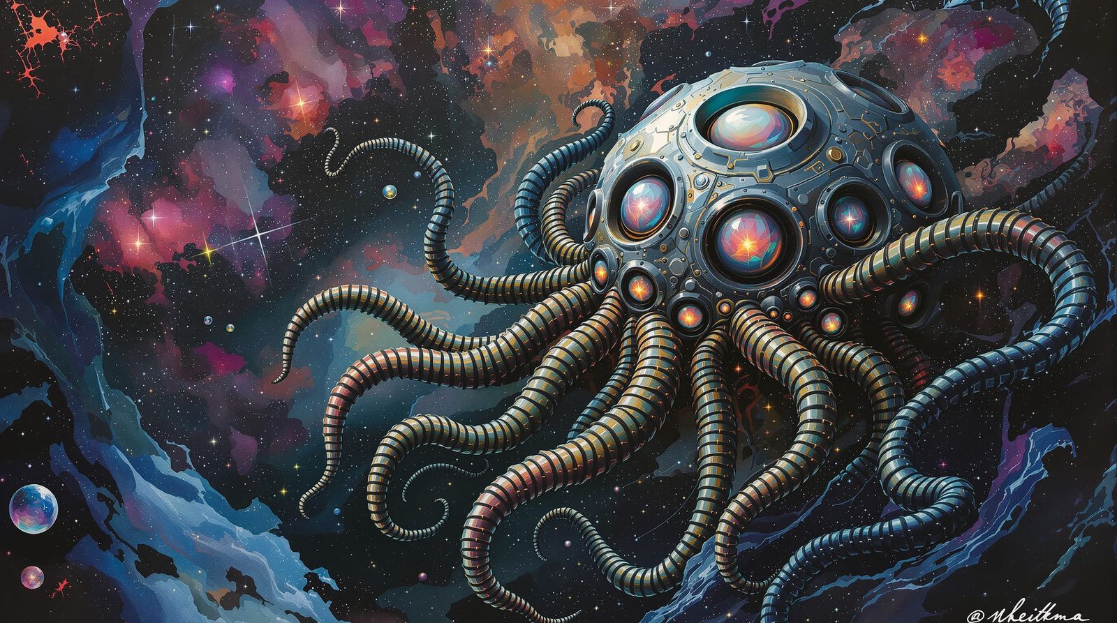 Cosmic Horror Probe Emerges From Abyss in Acrylic Painting