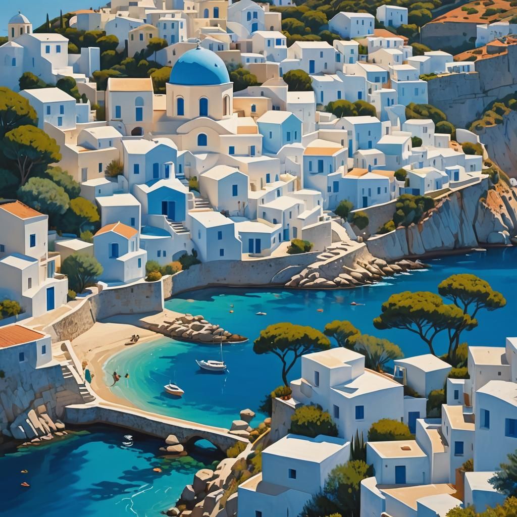 Colorful Greek Islands in David Hockney Style