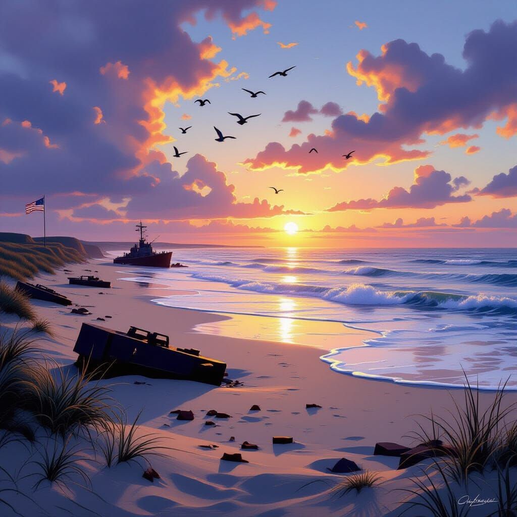 Normandy Beach at Dawn: A Solemn and Hopeful Remembrance