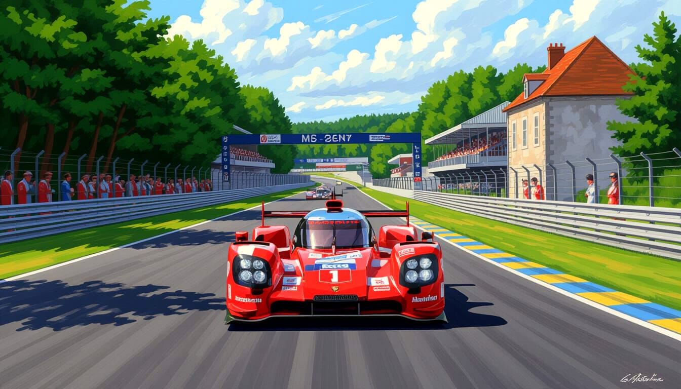 Red Porsche LMP1 Races Down Mulsanne Straight at Le Mans