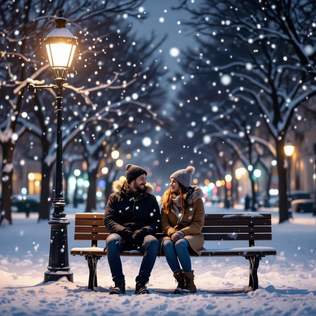 Couple on Park Bench Under Street Lamp During Snowfall