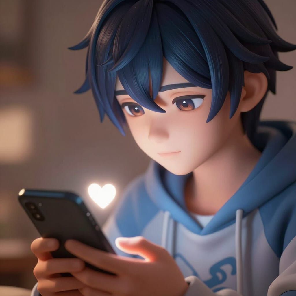 Anime Boy Gazing at Glowing Phone Screen in Soft Light