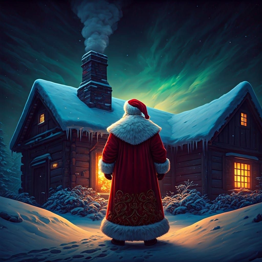 Santa Claus Contemplates Chimney Entry Under Colorful Sky