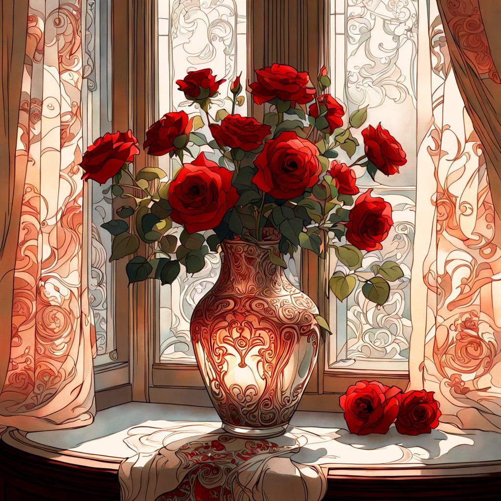 Red Roses in Art Nouveau Style by Open Window