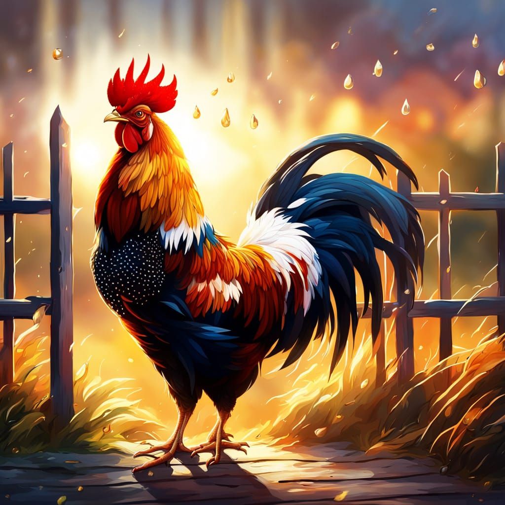 Vibrant Rooster Crowing at Sunrise: Oil Painting